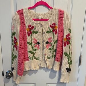 LoveShackFancy Floral Knit Cardigan - Cream and Pink